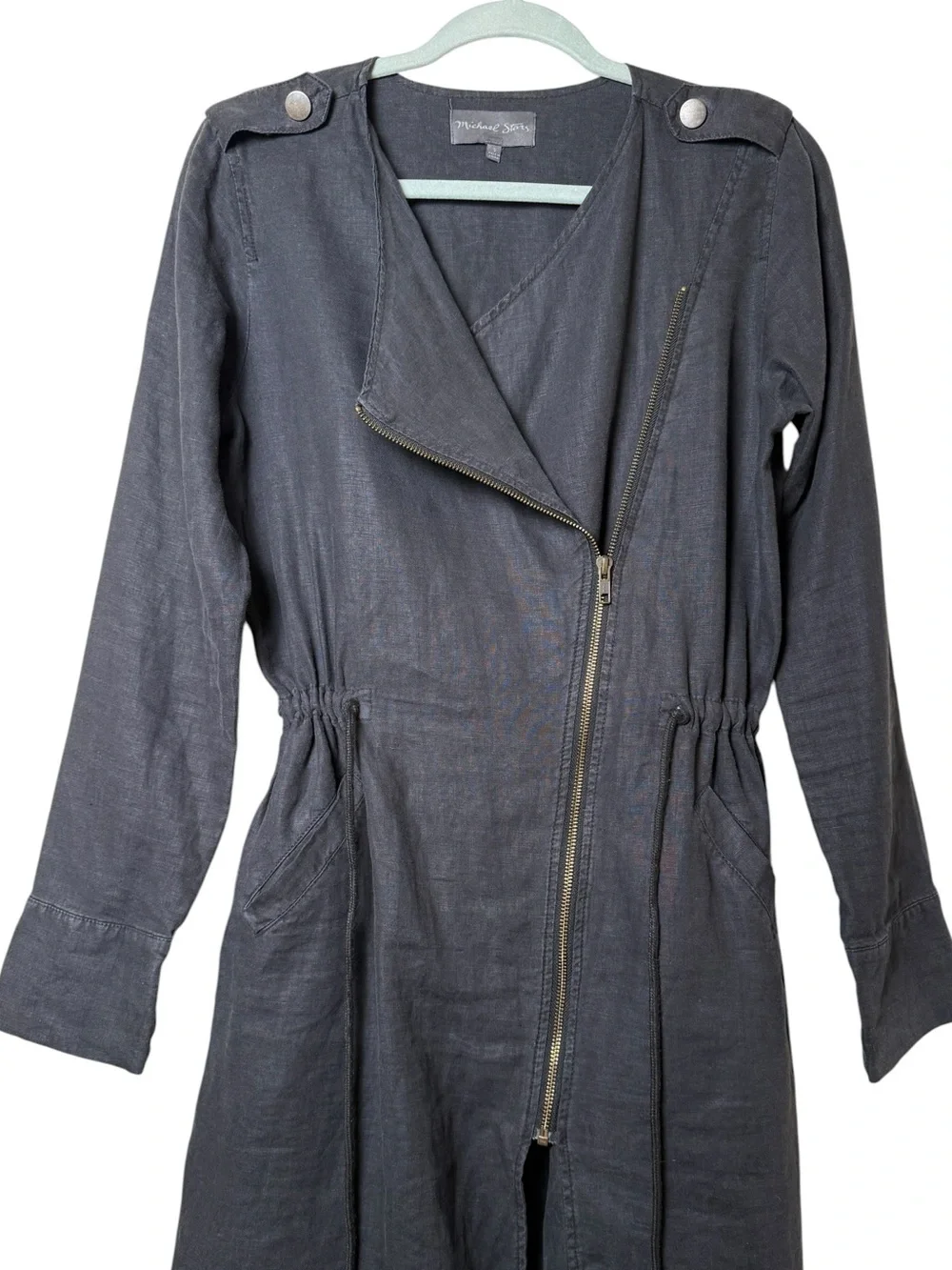 Michael Stars Small LINEN Charcoal Long-Sleeve Asymmetrical Zip Shirt Dress